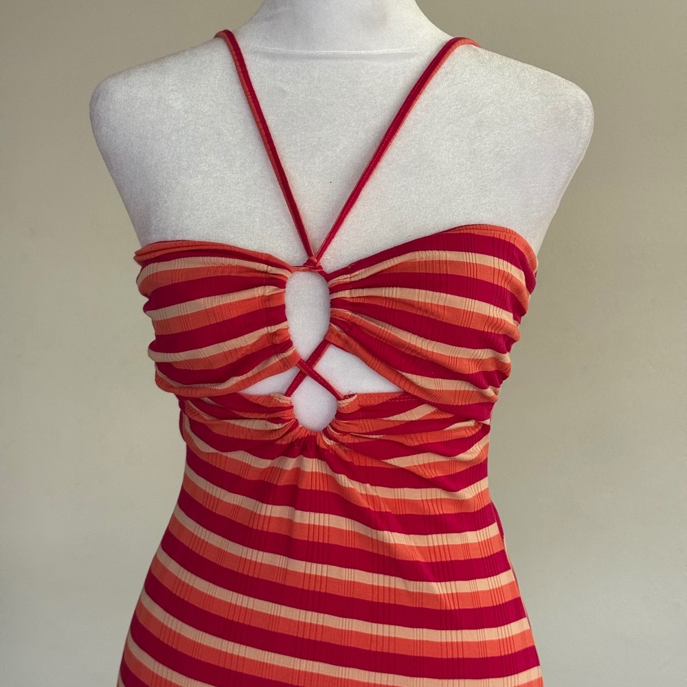 L*Space Pink Orange Striped Keyhole Midi Dress XS NWT Nordstrom Lyocell Ribbed - Picture 2 of 7